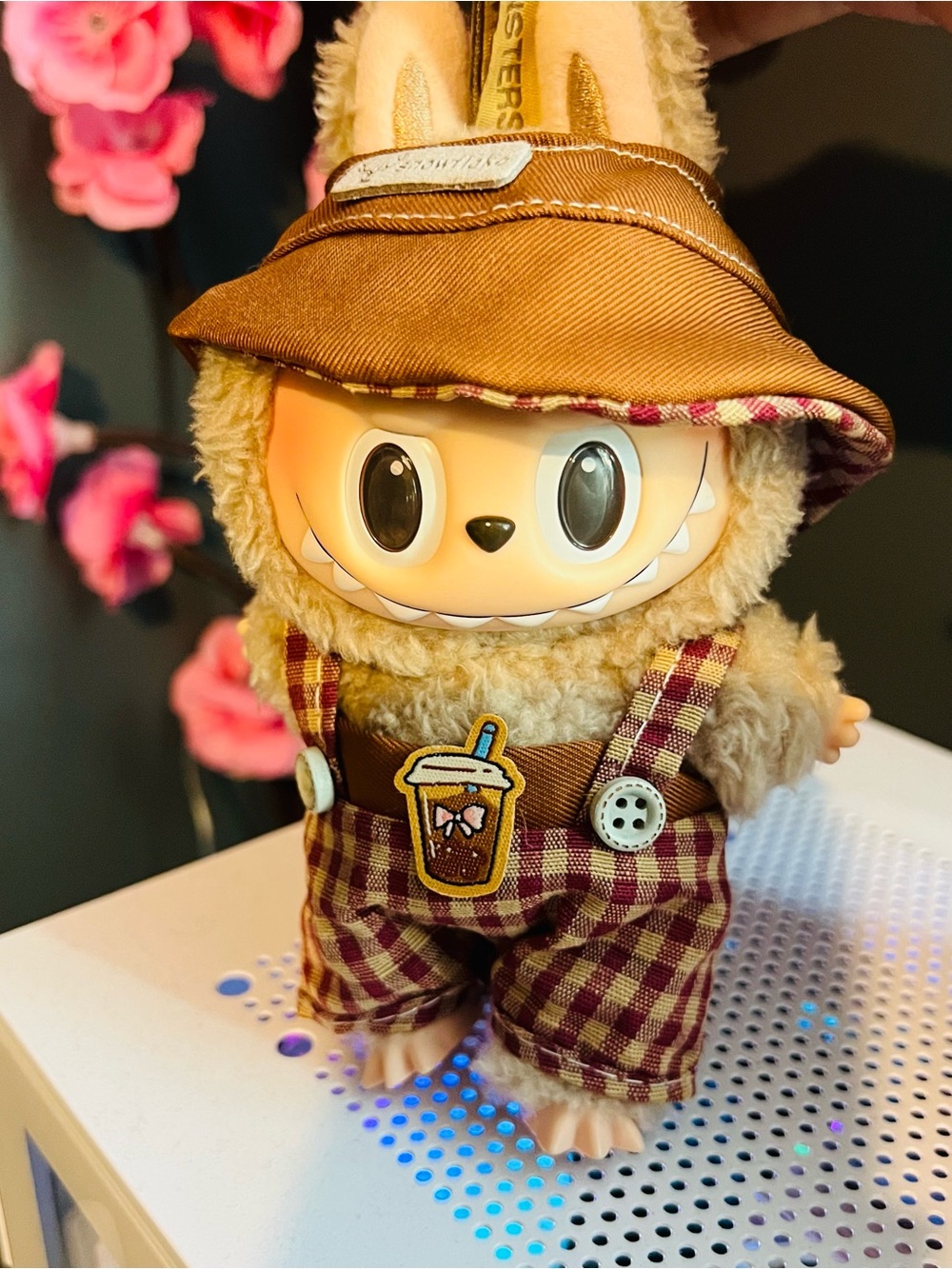 Labubu with outfit included Brown Plush Monster Doll in Checkered Overalls